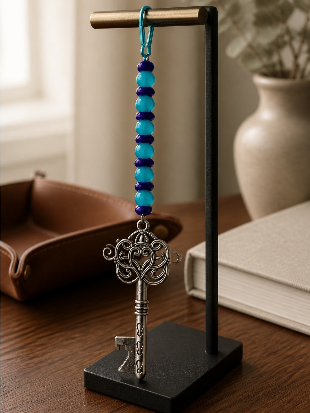 Handmade beaded keychain/purse charm, skeleton key bottle opener